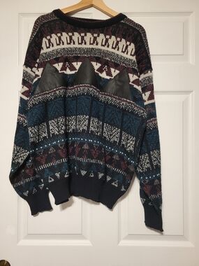 Vintage 90s Impact Geometric Sweater Men's L Leather Patch Grandpa Knit Retro